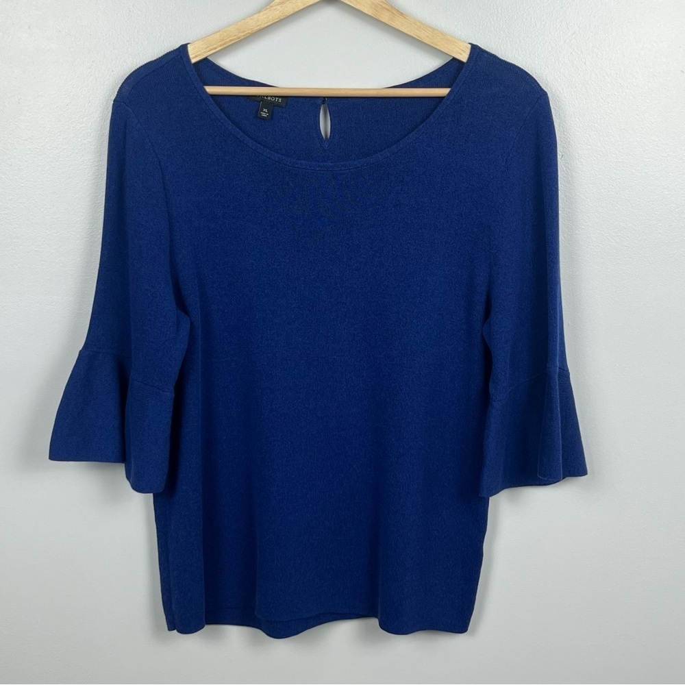 Talbots blue cotton rayon bell sleeve keyhole back knit sweater blouse top, XL.